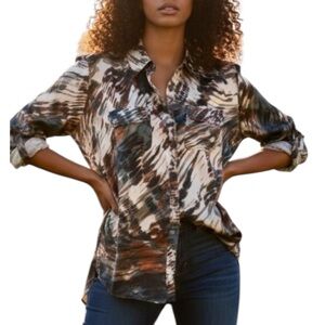 Calvin Klein‎ 3/4 Roll Up Sleeve Earthy Colored Patterned Silky Button Up XL